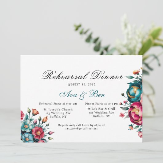 Blauwgroen Oranje rode pioen repetitie diner Kaart (Staand voorkant)