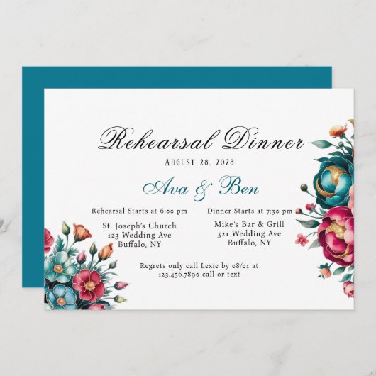 Blauwgroen Oranje rode pioen repetitie diner Kaart (Voorkant / Achterkant)