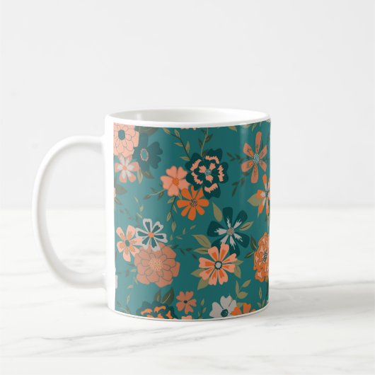 Blauwgroen Oranje Trendy Floral Vine Patterned Flo Koffiemok (Links)