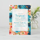 Blauwgroen Oranje Waterverf Floral 100e verjaardag Kaart (Staand voorkant)