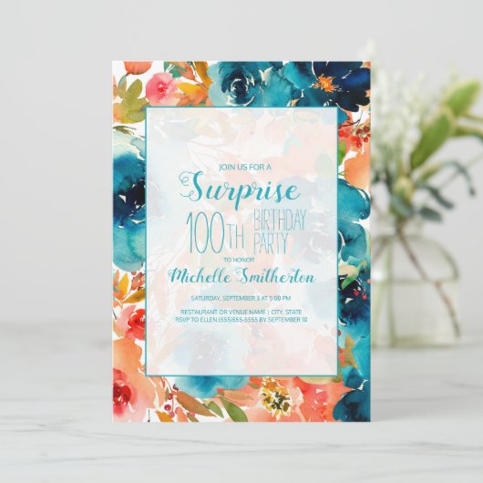 Blauwgroen Oranje Waterverf Floral 100e verjaardag Kaart (Staand voorkant)