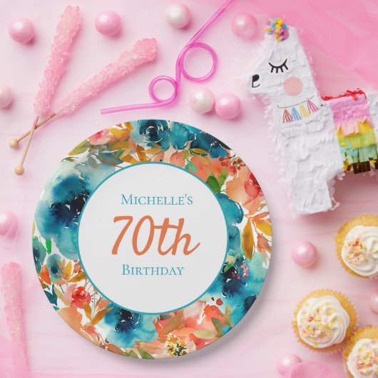 Blauwgroen Oranje Waterverf Floral 70e verjaardag Papieren Bordje (Feest)