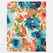 Blauwgroen Oranje Waterverf Floral Leaves Fleece Deken (Voorkant)