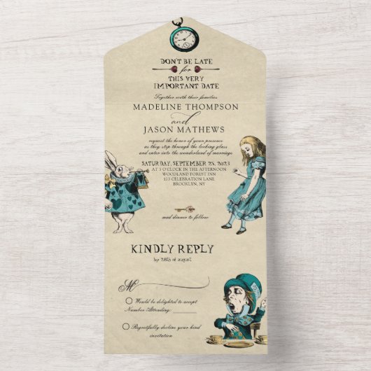  Blauwgroen oudste Alice in Wonderland Wedding All In One Uitnodiging (Binnen)