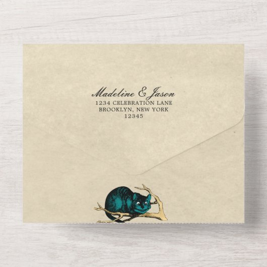 Blauwgroen oudste Alice in Wonderland Wedding All In One Uitnodiging (Achterkant)