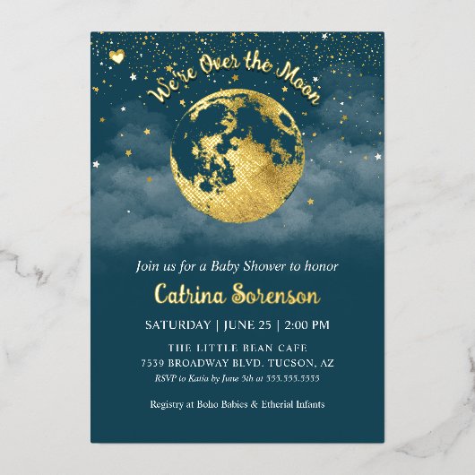 Blauwgroen Over the Moon Gold Gender Neutraal Baby Folie Uitnodiging (Voorkant)