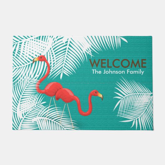 Blauwgroen overlapping met roze vlamingos deurmat (Voorkant)