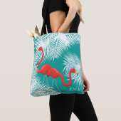 Blauwgroen overlapping met roze vlamingos tote bag (Dichtbij)