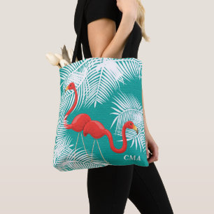 Blauwgroen overlapping met roze vlamingos tote bag