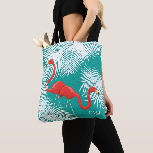 Blauwgroen overlapping met roze vlamingos tote bag (Dichtbij)