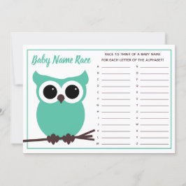 Blauwgroen owl Baby Naam Race Baby shower Game Kaart