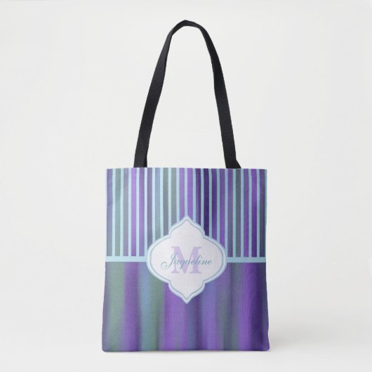 Blauwgroen Paars Blauw Groen Monogram Stripe Tote Bag (Voorkant)