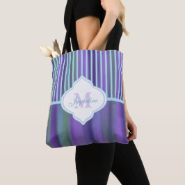 Blauwgroen Paars Blauw Groen Monogram Stripe Tote Bag