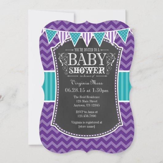 Blauwgroen Paars Chalkboard Chevron Baby shower In Kaart (Voorkant)