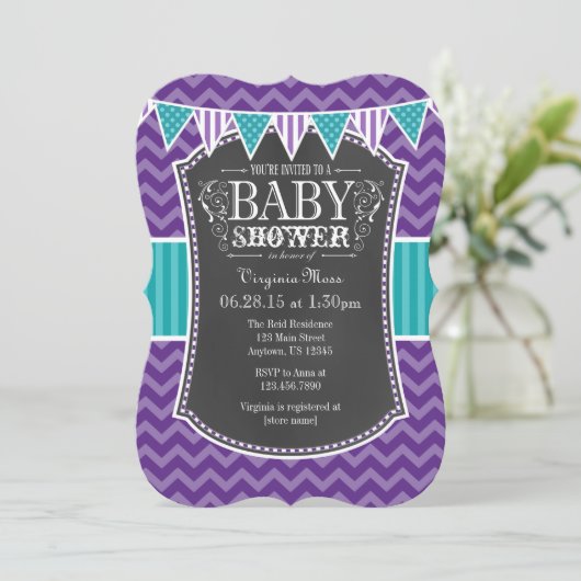 Blauwgroen Paars Chalkboard Chevron Baby shower In Kaart (Staand voorkant)