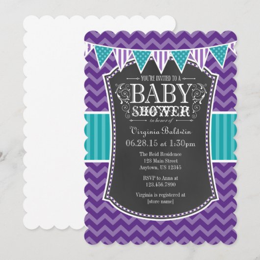 Blauwgroen Paars Chalkboard Chevron Baby shower In Kaart (Voorkant / Achterkant)