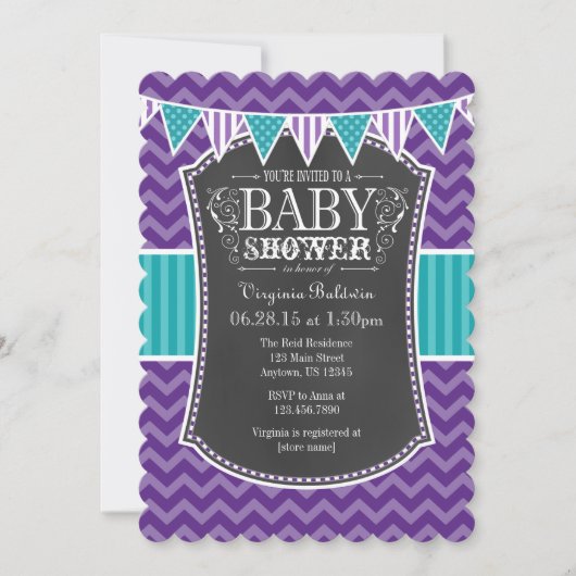 Blauwgroen Paars Chalkboard Chevron Baby shower In Kaart (Voorkant)