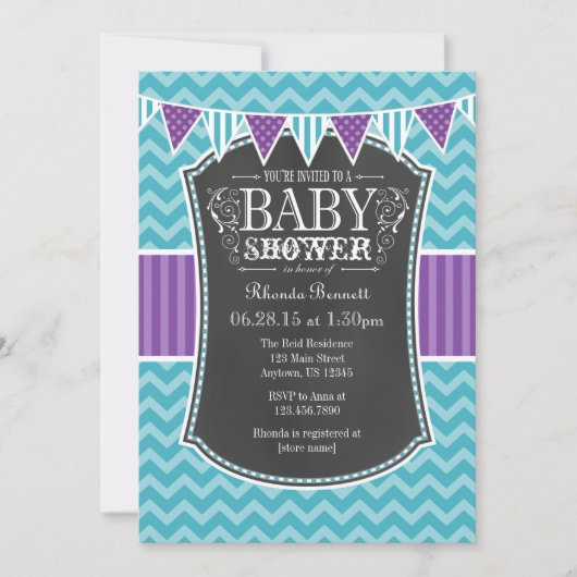 Blauwgroen Paars Chalkboard Chevron Baby shower In Kaart (Voorkant)