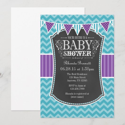 Blauwgroen Paars Chalkboard Chevron Baby shower In Kaart (Voorkant / Achterkant)