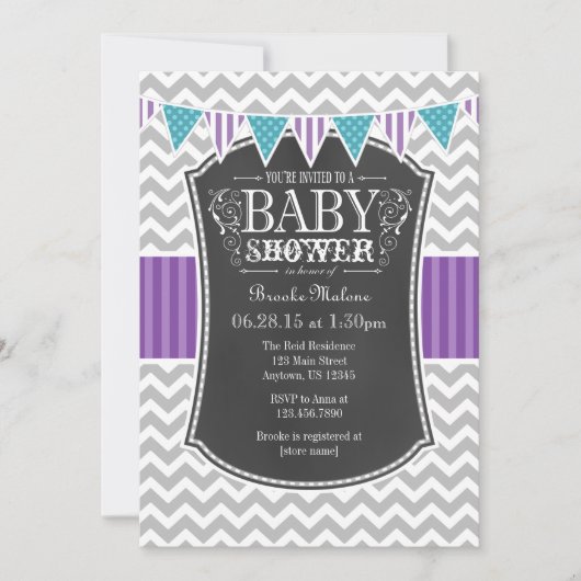 Blauwgroen Paars Chalkboard Chevron Baby shower In Kaart (Voorkant)