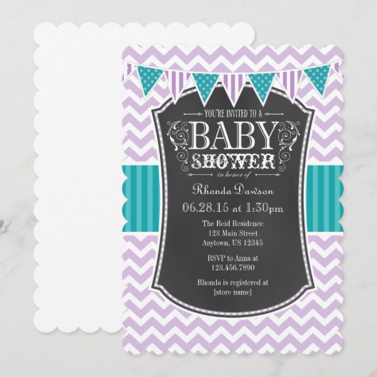 Blauwgroen Paars Chalkboard Chevron Baby shower In Kaart (Voorkant / Achterkant)