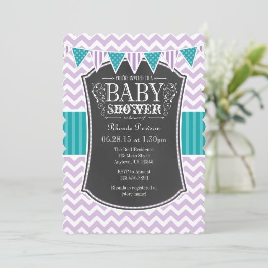 Blauwgroen Paars Chalkboard Chevron Baby shower In Kaart (Staand voorkant)
