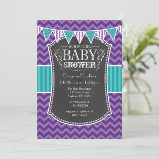 Blauwgroen Paars Chalkboard Chevron Baby shower In Kaart (Staand voorkant)