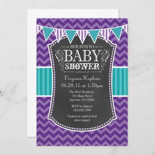 Blauwgroen Paars Chalkboard Chevron Baby shower In Kaart (Voorkant / Achterkant)
