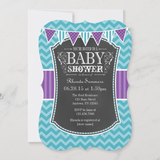 Blauwgroen Paars Chalkboard Chevron Baby shower In Kaart (Voorkant)