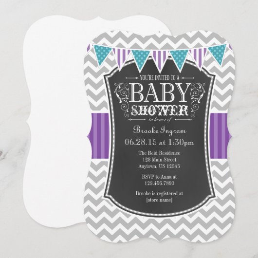Blauwgroen Paars Chalkboard Chevron Baby shower In Kaart (Voorkant / Achterkant)