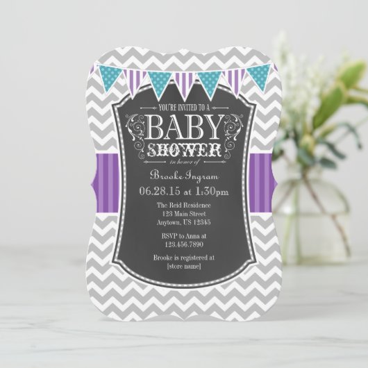 Blauwgroen Paars Chalkboard Chevron Baby shower In Kaart (Staand voorkant)