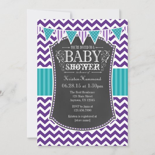 Blauwgroen Paars Chalkboard Chevron Baby shower In Kaart (Voorkant)