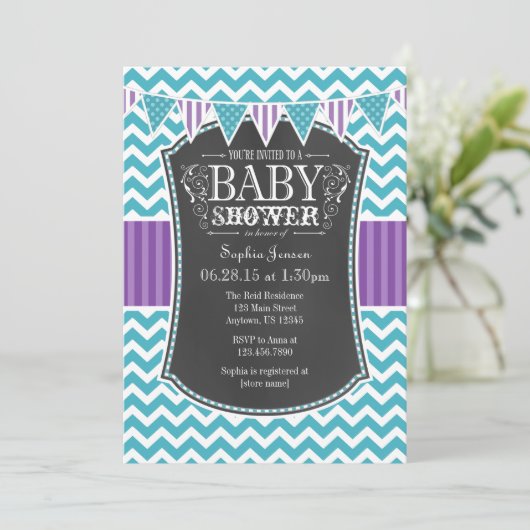 Blauwgroen Paars Chalkboard Chevron Baby shower In Kaart (Staand voorkant)