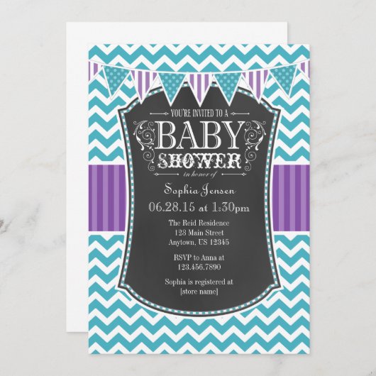 Blauwgroen Paars Chalkboard Chevron Baby shower In Kaart (Voorkant / Achterkant)