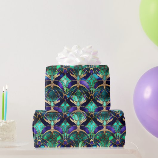 Blauwgroen, Paars en Gold Peacock Glas in lood Cadeaupapier (Feestgeschenken)