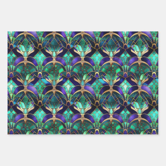 Blauwgroen, Paars en Gold Peacock Glas in lood Inpakpapier Vel (Voorkant 3)