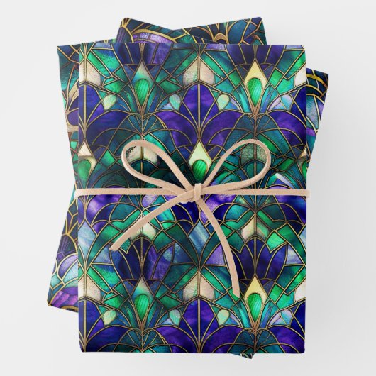 Blauwgroen, Paars en Gold Peacock Glas in lood Inpakpapier Vel (In situ)