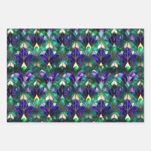 Blauwgroen, Paars en Gold Peacock Glas in lood Inpakpapier Vel (Voorkant)