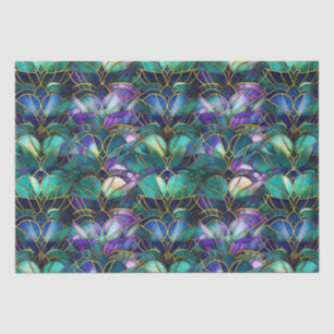 Blauwgroen, Paars en Gold Peacock Glas in lood Tissuepapier