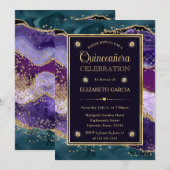 Blauwgroen, Paars en goudglitter Agate Quinceanera Kaart (Voorkant / Achterkant)