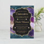 Blauwgroen, Paars en goudglitter Agate Quinceanera Kaart (Staand voorkant)