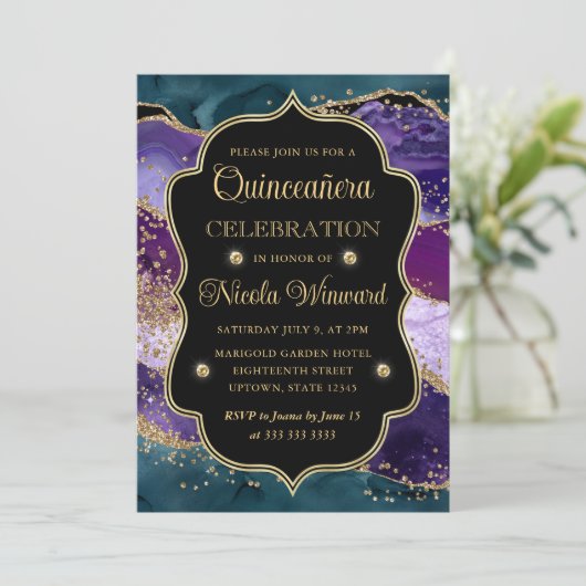Blauwgroen, Paars en goudglitter Agate Quinceanera Kaart (Staand voorkant)