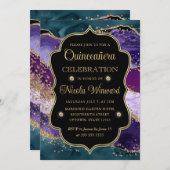 Blauwgroen, Paars en goudglitter Agate Quinceanera Kaart (Voorkant / Achterkant)