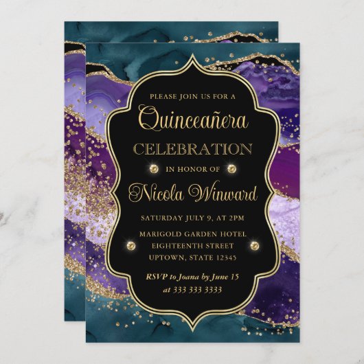 Blauwgroen, Paars en goudglitter Agate Quinceanera Kaart (Voorkant / Achterkant)