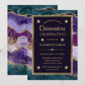Blauwgroen, Paars en goudglitter Agate Quinceanera Kaart (Voorkant / Achterkant)