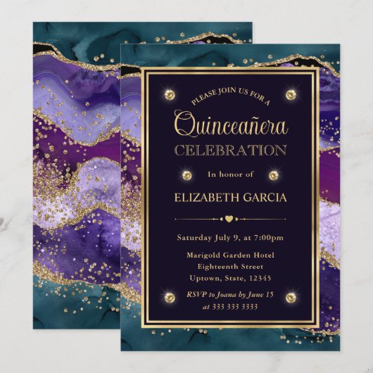 Blauwgroen, Paars en goudglitter Agate Quinceanera Kaart (Voorkant / Achterkant)