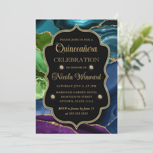Blauwgroen, Paars en goudglitter Agate Quinceanera Kaart (Staand voorkant)