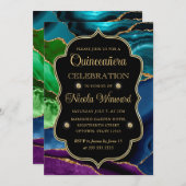 Blauwgroen, Paars en goudglitter Agate Quinceanera Kaart (Voorkant / Achterkant)