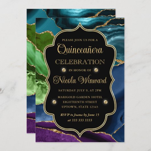 Blauwgroen, Paars en goudglitter Agate Quinceanera Kaart (Voorkant / Achterkant)