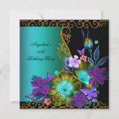 Blauwgroen Paars Floral Black Gold Birthday Party Kaart (Voorkant)